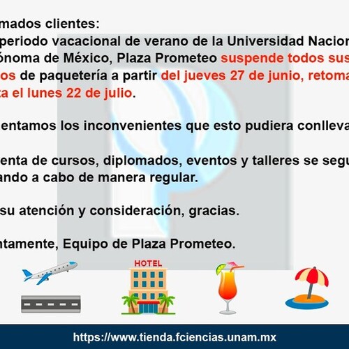 instagram-7 La @unam_mx, la @fc_unam_oficial y nosotros nos vamos de vacaciones al terminar esta semana. 🤩🍹

Anticipa tus pedidos de libros 📕📚 para esta semana. Ten en cuenta que a partir de este jueves 27 ya no 🙅 realizaremos envíos.